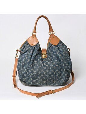 Louis Vuitton Monogram Denim L Handbag Blue Gold